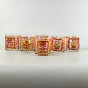 Georges Briard Mid-Century Lowball Glasses Set of 6 Red Yellow Flower Retro